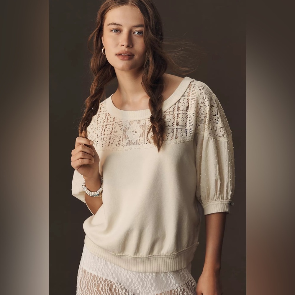 Pilcro Cream Lace Yoke Short Sleeve Sweater